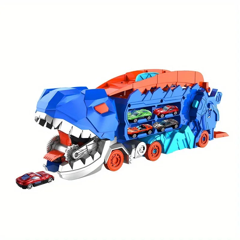 Caminhão Dinossauro 3 em 1 com Pista Deslizante e Transformação T-Rex | Transportador + Corrida + Armazenamento