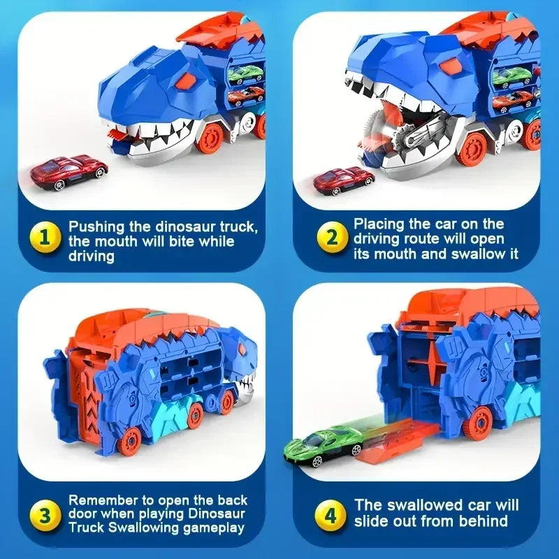 Caminhão Dinossauro 3 em 1 com Pista Deslizante e Transformação T-Rex | Transportador + Corrida + Armazenamento