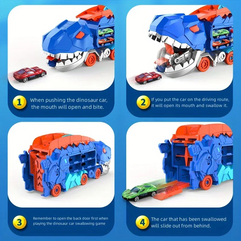 Caminhão Dinossauro 3 em 1 com Pista Deslizante e Transformação T-Rex | Transportador + Corrida + Armazenamento