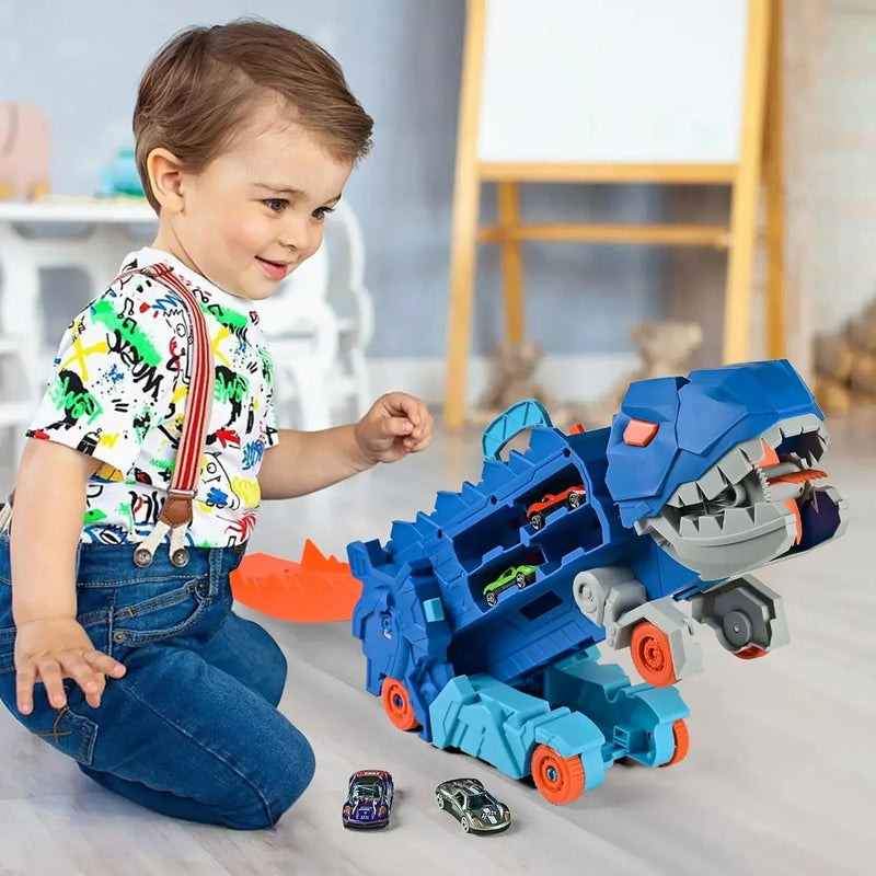 Caminhão Dinossauro 3 em 1 com Pista Deslizante e Transformação T-Rex | Transportador + Corrida + Armazenamento
