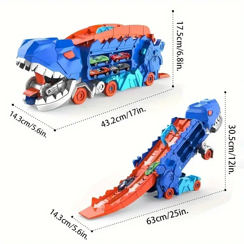 Caminhão Dinossauro 3 em 1 com Pista Deslizante e Transformação T-Rex | Transportador + Corrida + Armazenamento