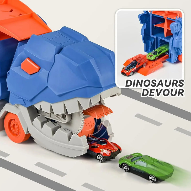 Caminhão Dinossauro 3 em 1 com Pista Deslizante e Transformação T-Rex | Transportador + Corrida + Armazenamento