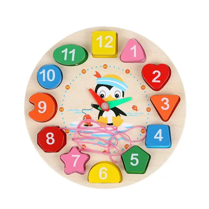 Relógio Montessori de Madeira – Pinguim Educativo para Aprender Cores, Números e Horas