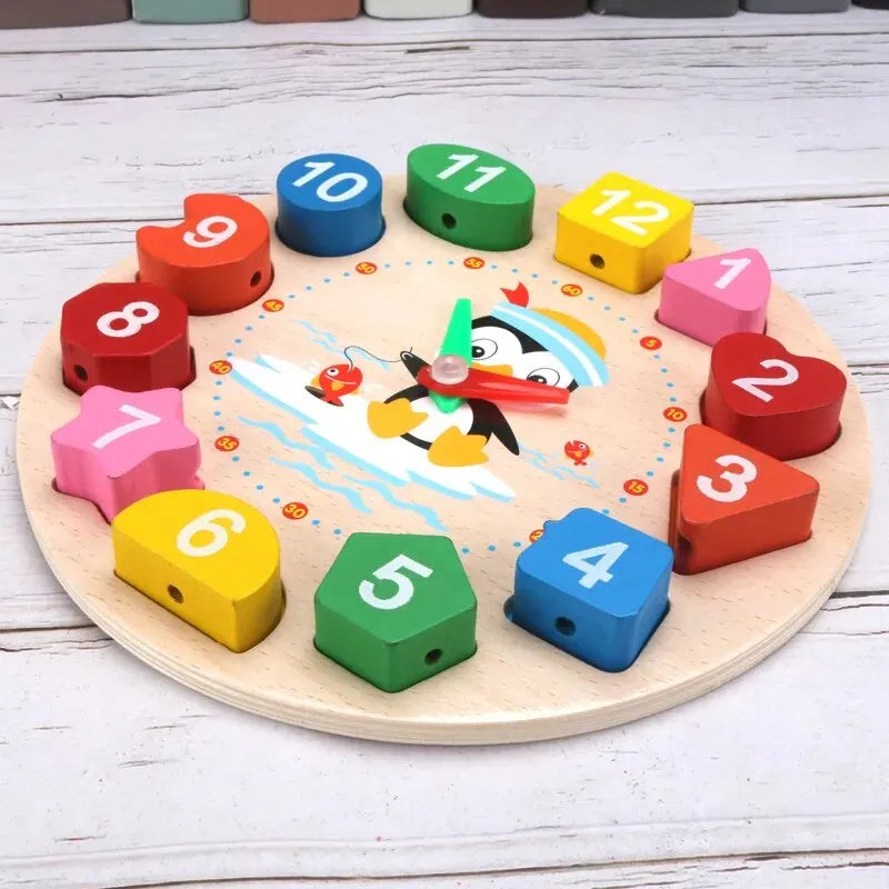 Relógio Montessori de Madeira – Pinguim Educativo para Aprender Cores, Números e Horas