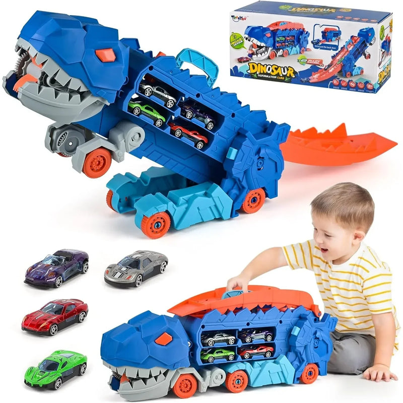 Caminhão Dinossauro 3 em 1 com Pista Deslizante e Transformação T-Rex | Transportador + Corrida + Armazenamento