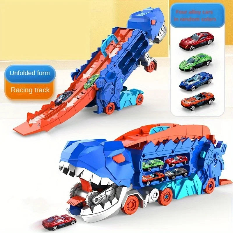 Caminhão Dinossauro 3 em 1 com Pista Deslizante e Transformação T-Rex | Transportador + Corrida + Armazenamento